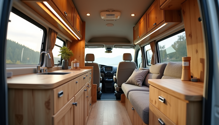 Eye-level view of a custom van interior showing quality woodwork and smart storage solutions
