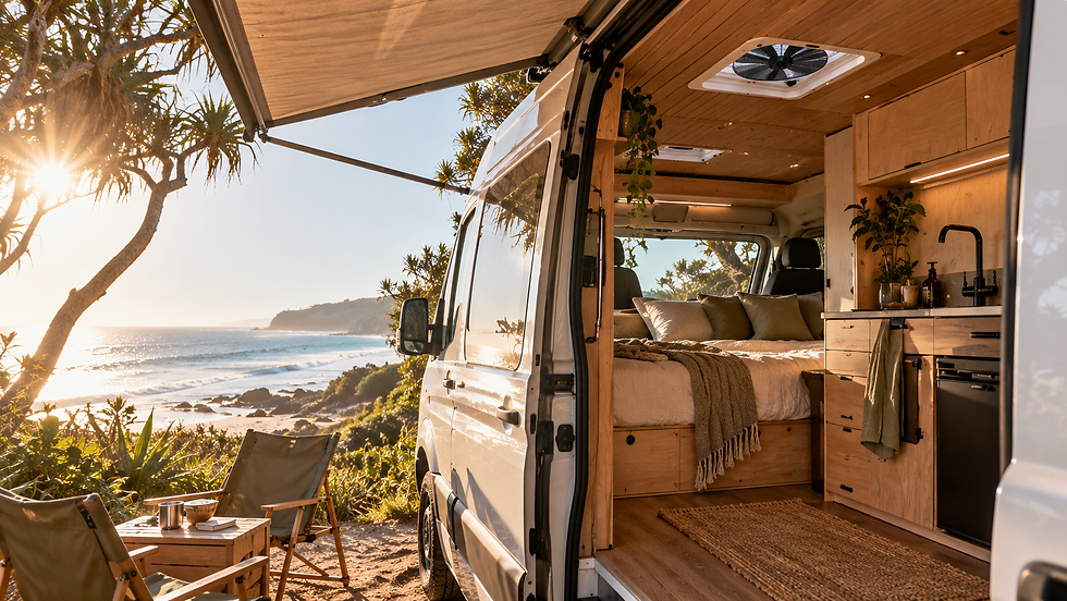 Custom camper van parked beside the coast with an open, wood-lined interior, roof ventilation fan and awning providing shade.