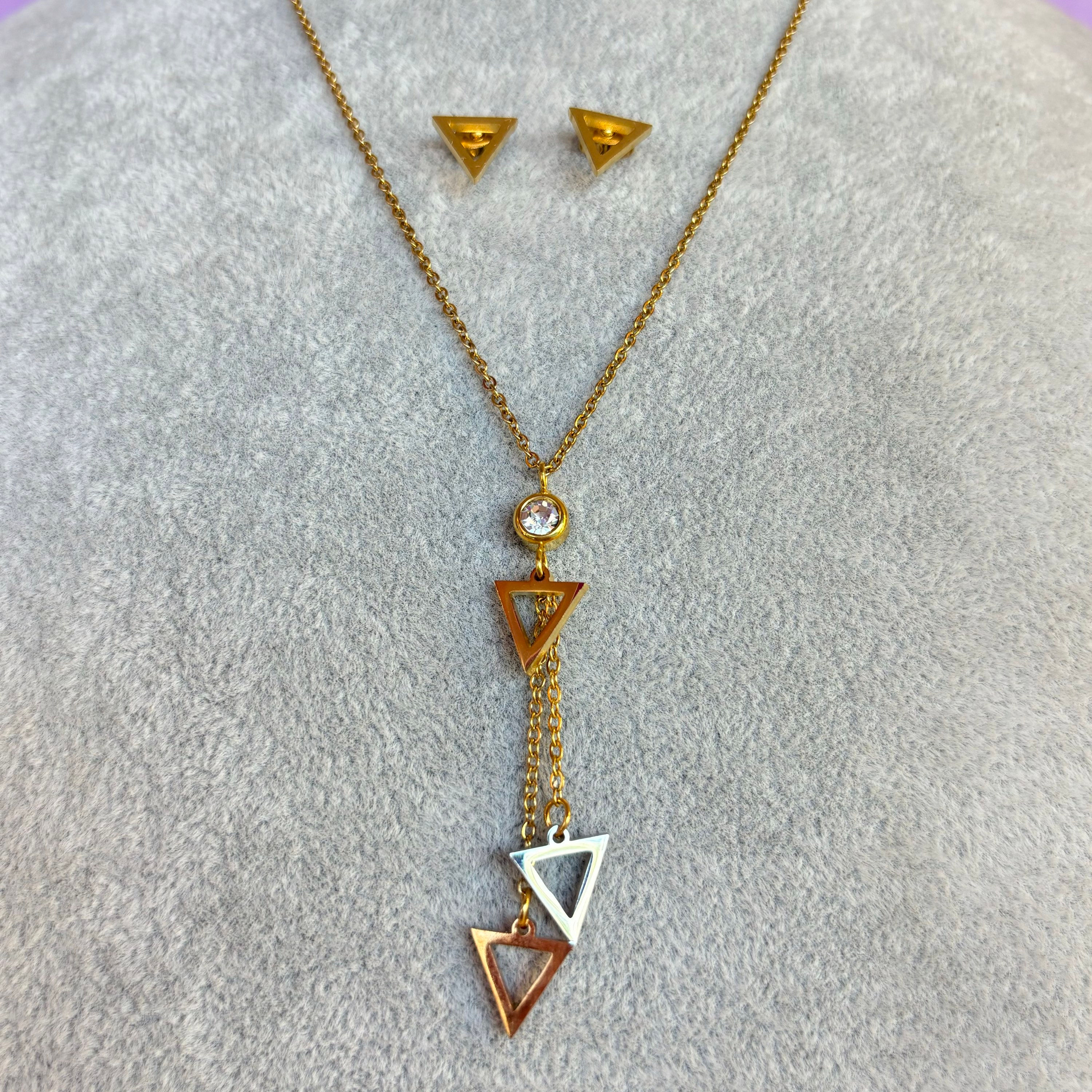 Aretes & Collar Dorado de triángulos Acero Inoxidbale