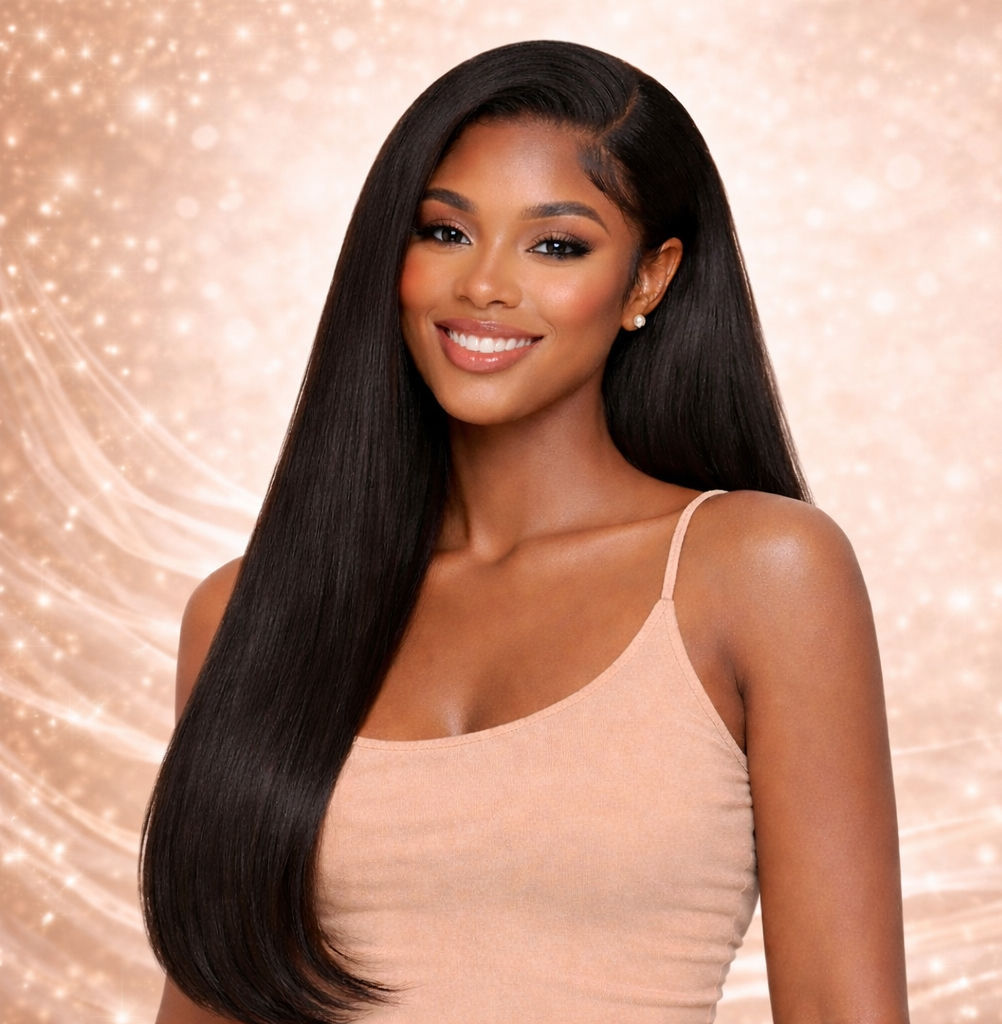 Woman wearing long straight raw Indian hair