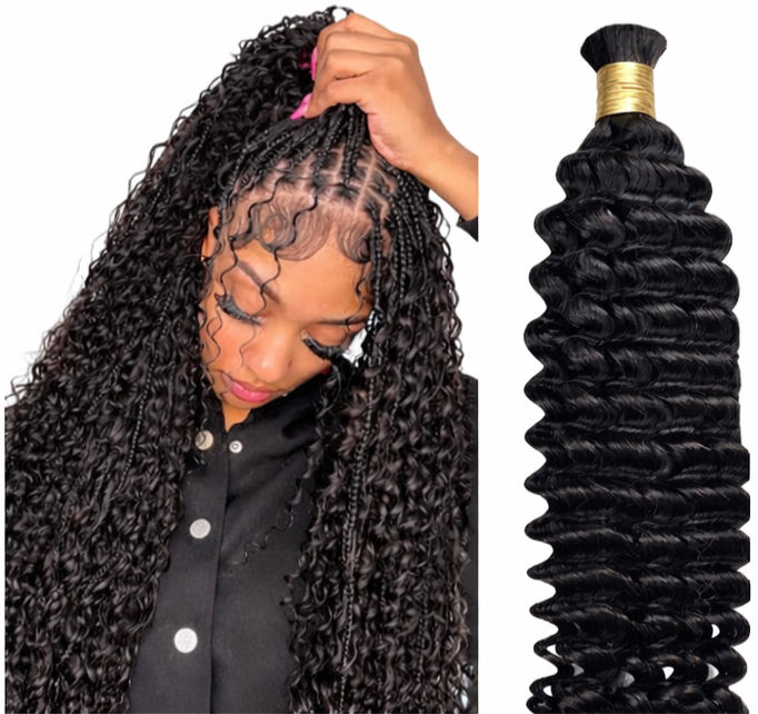 Thumbnail: Woman wearing Deep Wave human hair next to a bulk hair bundle