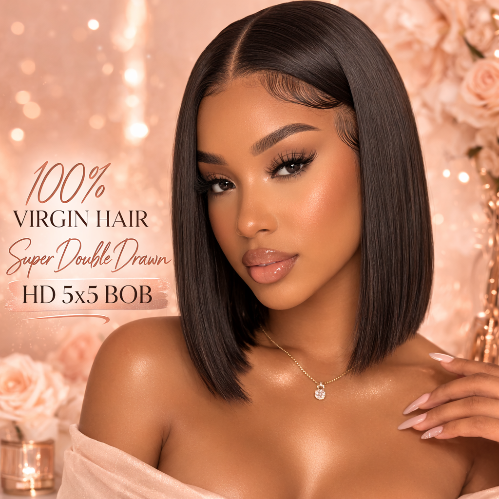 Woman wearing 100% VIRGIN HAIR Super Double Drawn HD 5x5 BOB