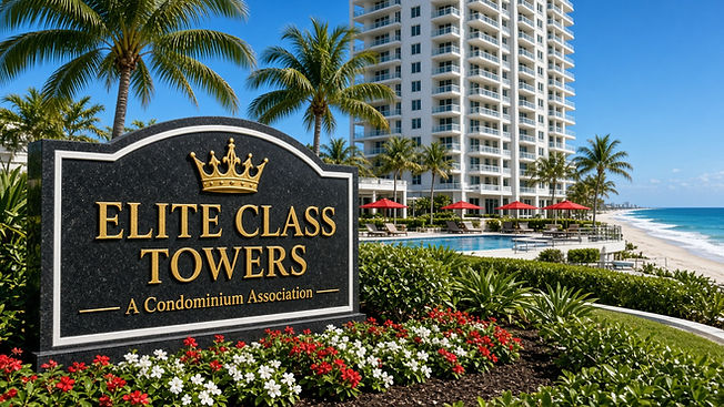 Illustrative condominium entrance sign in Cocoa Beach, Florida