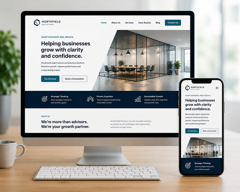 Modern desktop and mobile website displayed side by side with a clean business homepage.