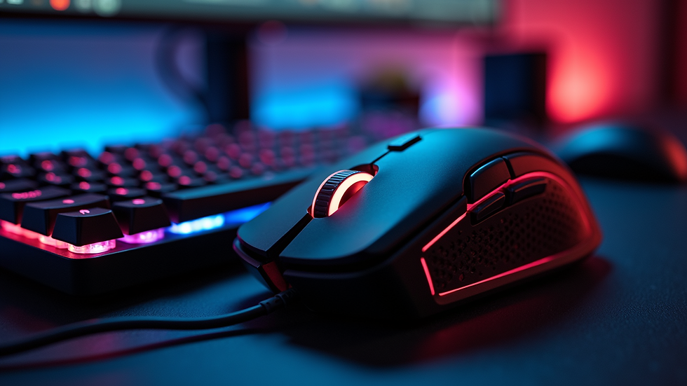 Close-up view of a gaming mouse and RGB keyboard on a desk