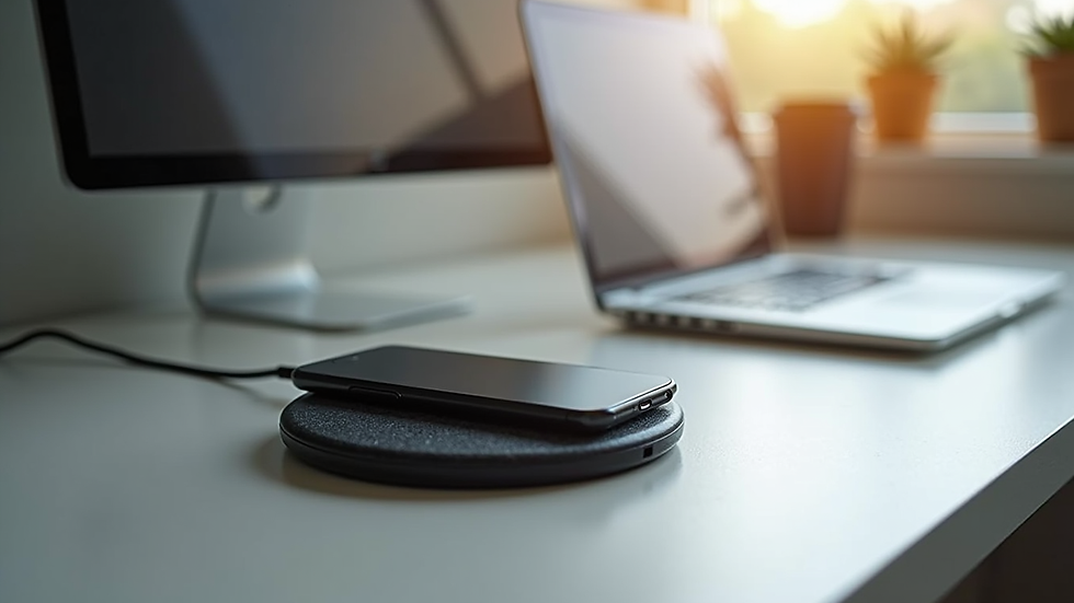 Close-up view of a wireless charging pad and desk organiser on a modern desk