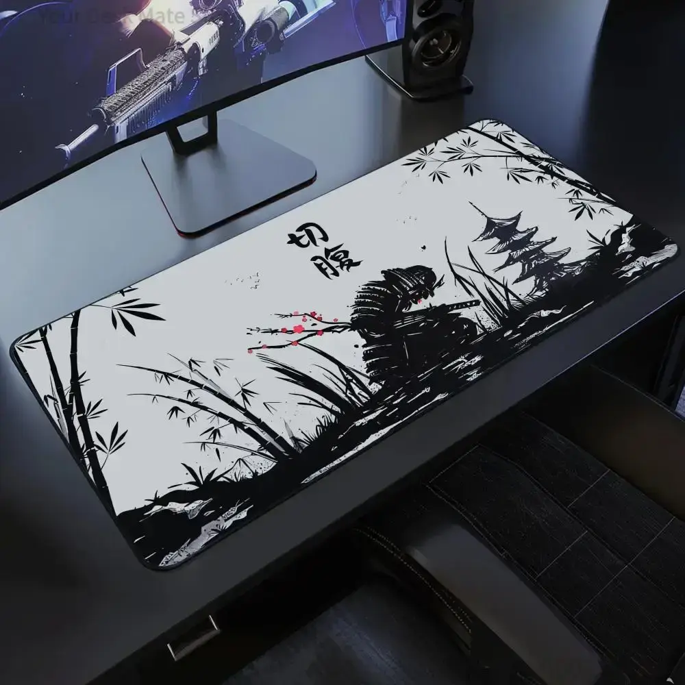 Japanese Samurai Desk Mat . Black and White Gaming keyboard mat large Oni Samura