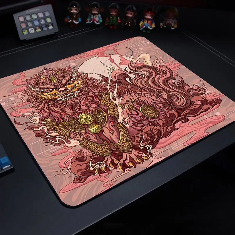 Thumbnail: Vintage style anime desk pad featuring beige and red traditional Japanese mythical graphics
