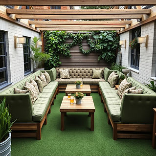 generate an image of a beer garden with bespoke seating arangements to show off the furnat