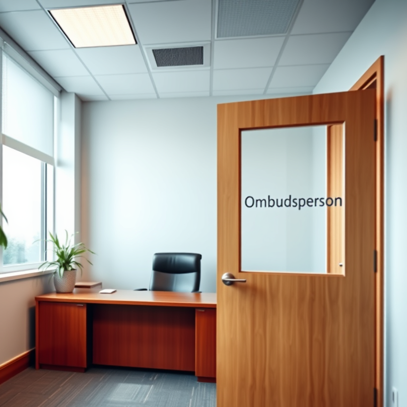 Office of Ombudsperson empty office with a window plant, large desk, chair behind the desk