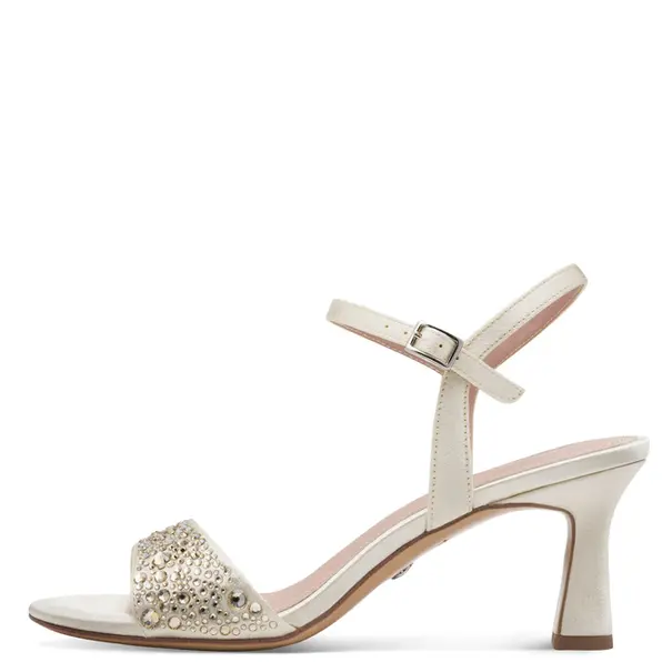 Sandale beige à talons et lanière brillante