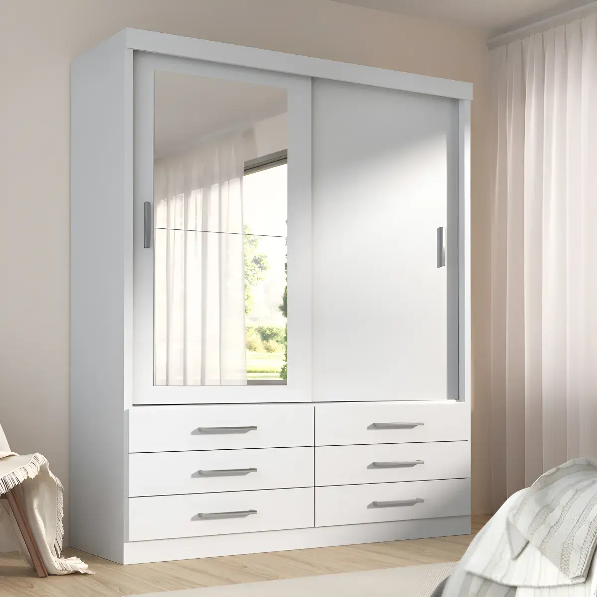 Guarda Roupa Solteiro Capri 2 Portas 6 Gav Com Espelho Cor Branco
