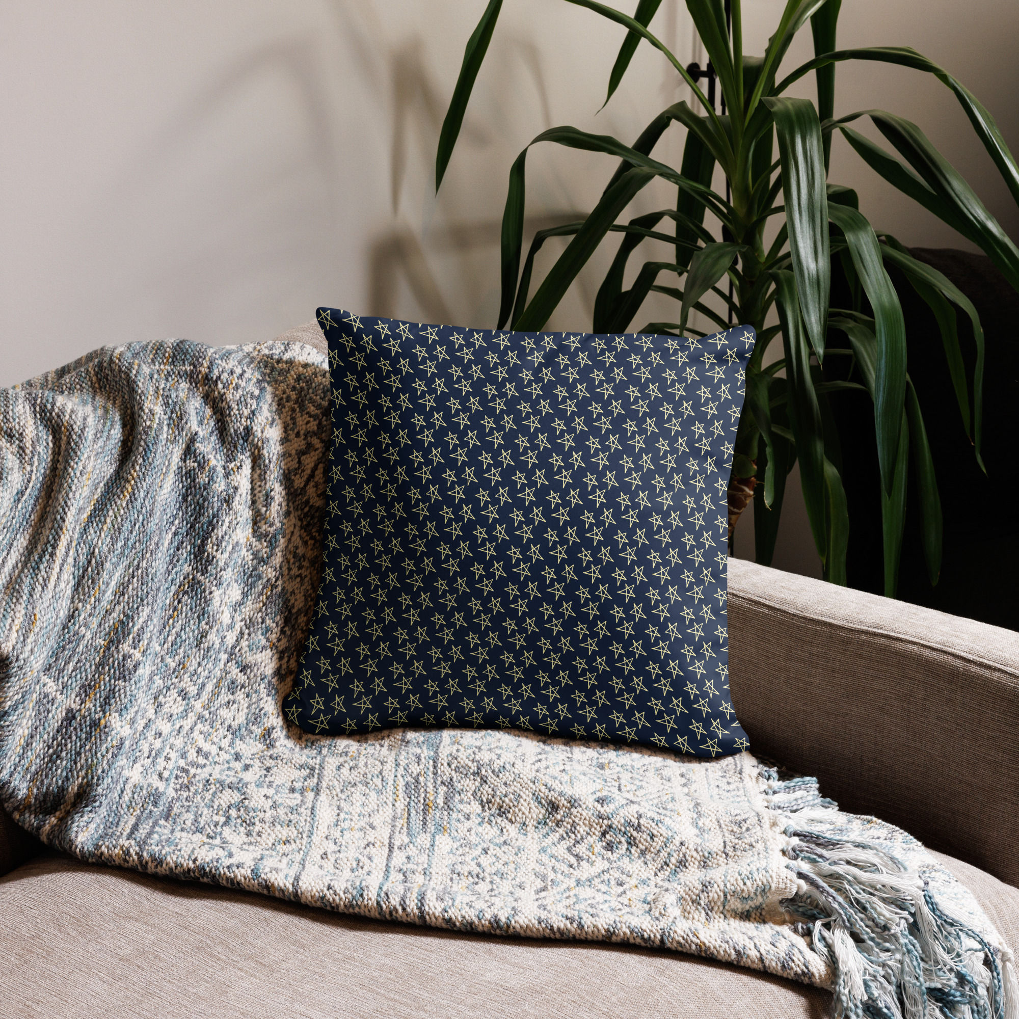 Star All-Over Print Throw Pillow, Dark Blue