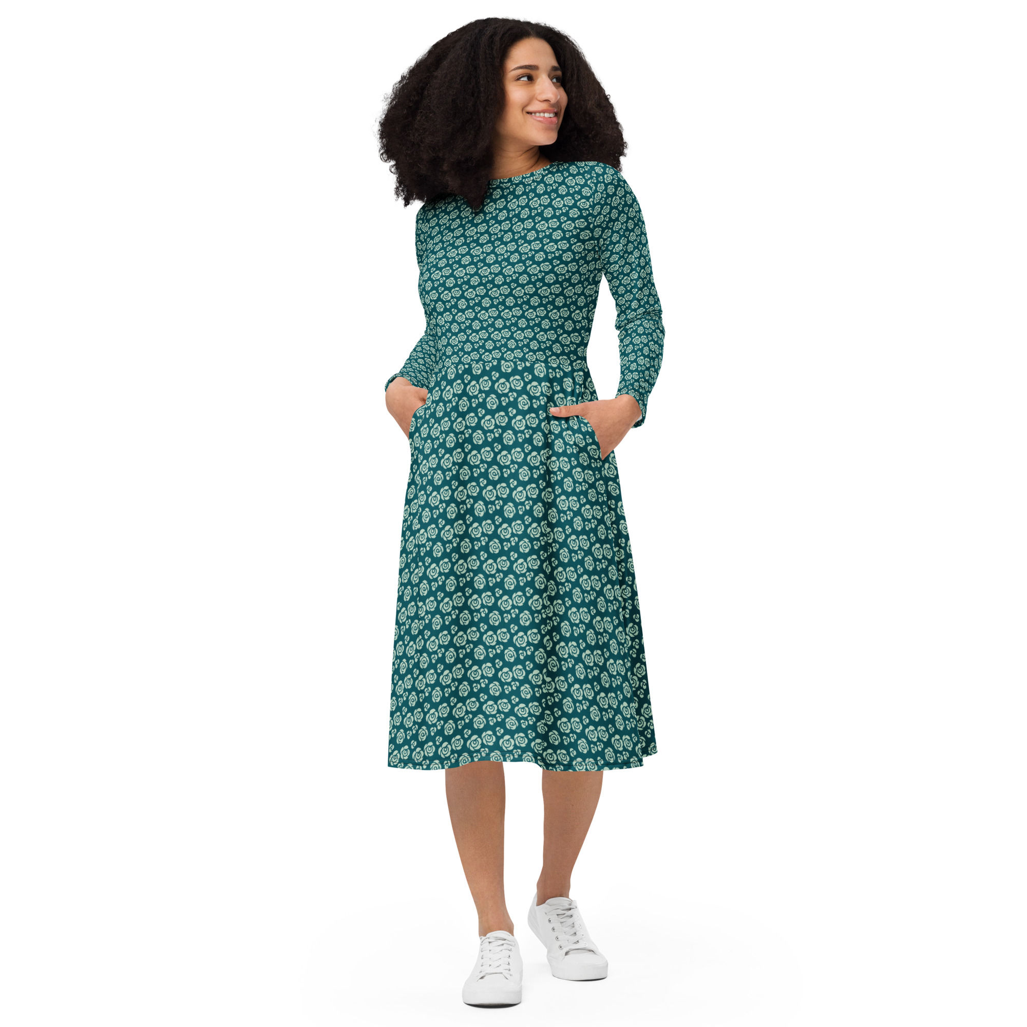 Floral long sleeve midi dress, Blue