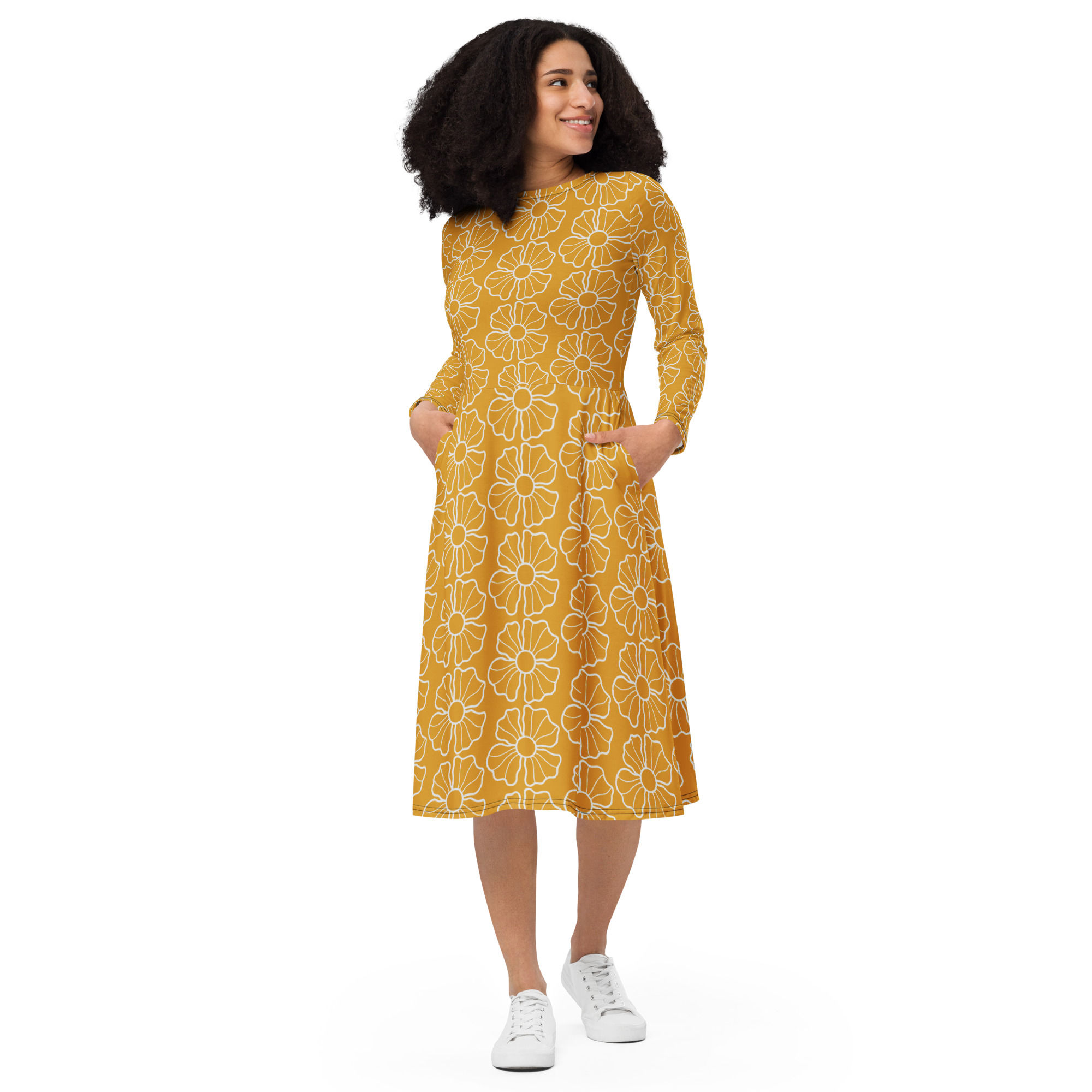 Floral long sleeve midi dress, Yellow