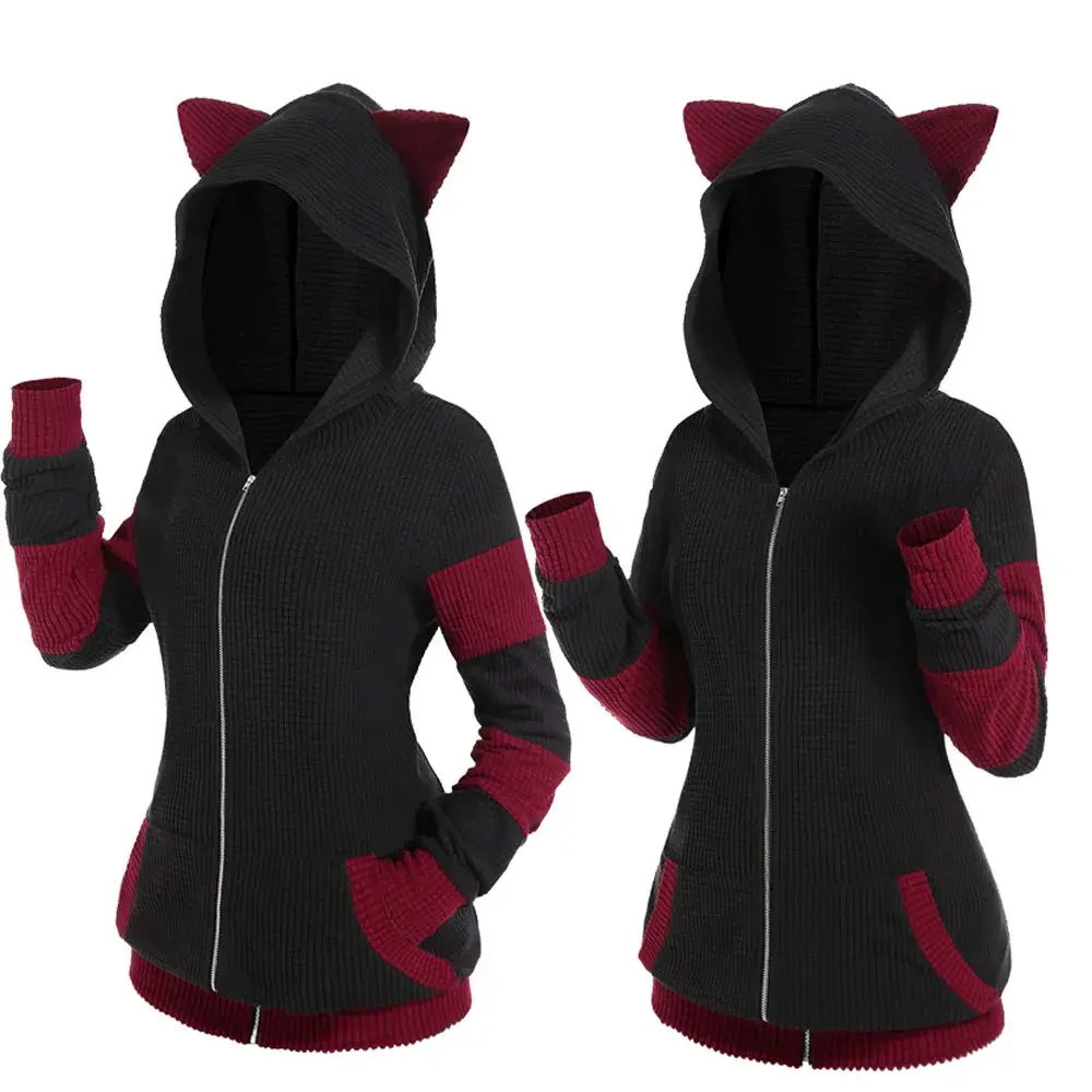 Women’s Cat Ear Colorblock Hooded Ribbed Zipper Jacket Warm Winter Coat