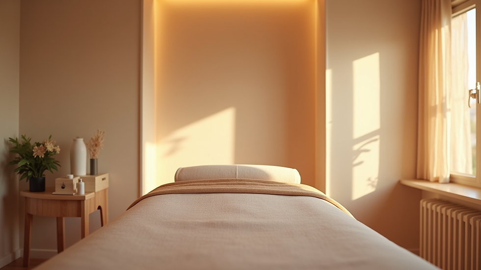 Eye-level view of cozy Esthederma treatment room with soft lighting