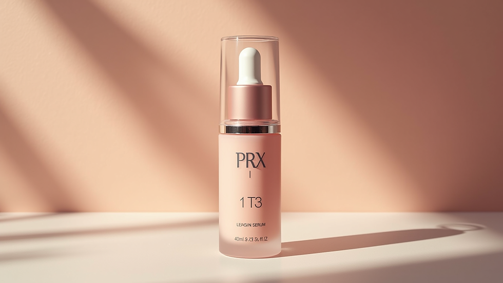Close-up view of a cosmetic bottle with PRX-T33 serum