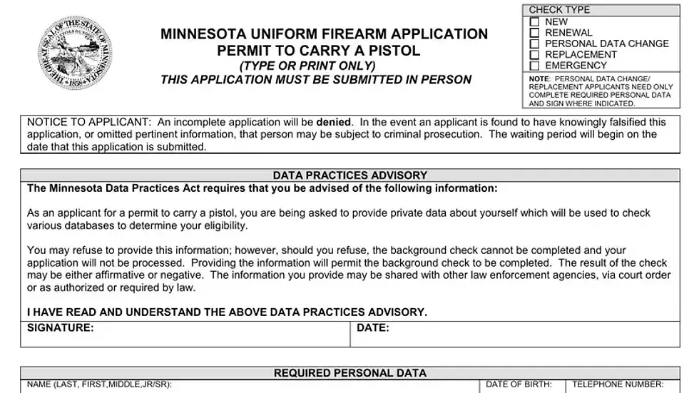 Minnesota firearm application form with sections for data practices advisory, personal data, and check type options.