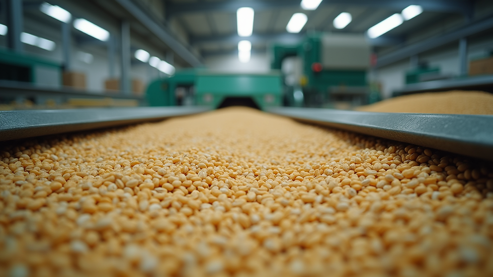 Eye-level view of seed cleaning facility with machinery