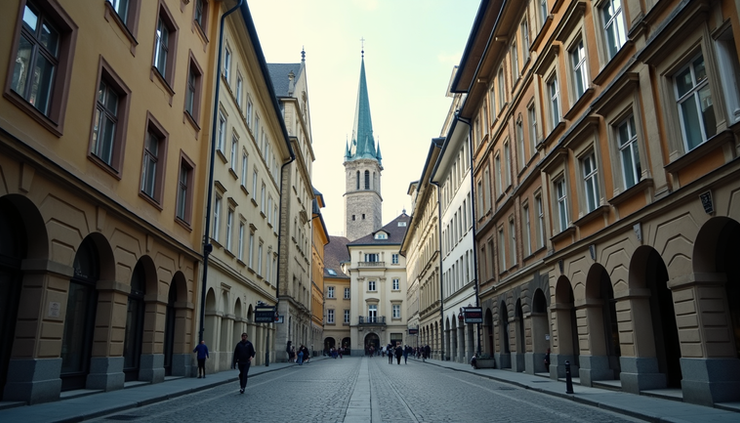 Augenhöhe Blick auf historische Münchner Altstadt mit engen Straßen und Gebäuden