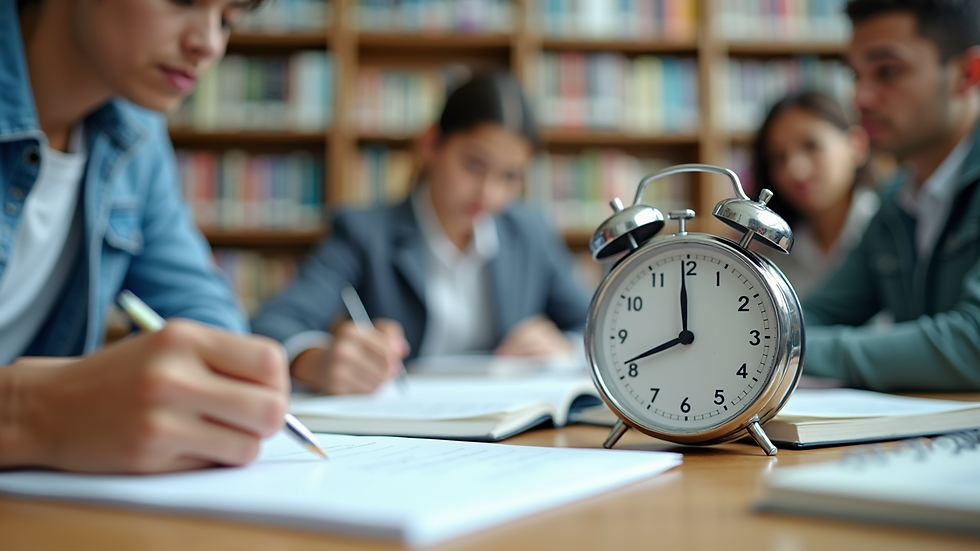 Close-up view of a timer and study notes on a desk