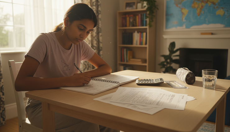 Eye-level view of a student solving algebra questions at a home study table