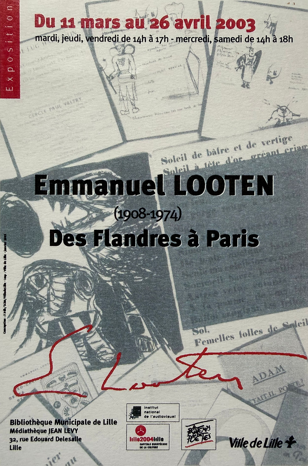 Carton d'invitation à l'événement Emmanuel Looten, Des Flandres à Paris, organisé par la Bibliothèque Municipale de Lille en 2003.