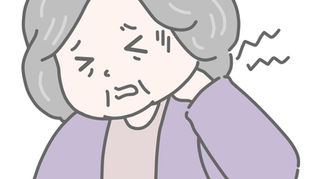 首の痛みと腕のしびれで悩む高齢女性のイラスト。頚椎の緊張と神経症状を表す。