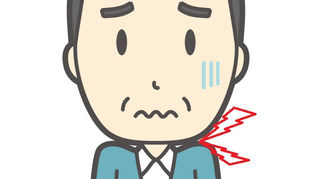 首の痛みでつらそうに肩をすくめている男性のイラスト。首周りに痛みを示す赤いマークが描かれている。