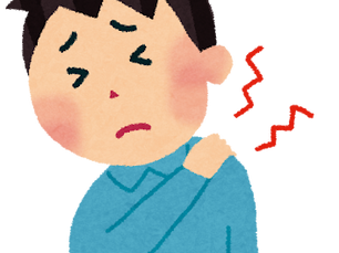 肩を押さえて苦しそうな表情をする男性。肩の周囲に赤いジグザグの痛みの線が描かれている。