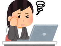 パソコンの前で顔を覆い、苦しそうな様子の女性。頭の上に赤いストレス線が描かれている。