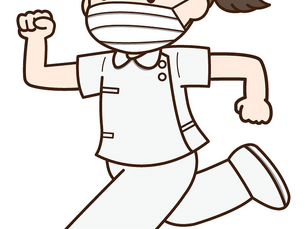 「マスクを着けた看護師が走るイラスト。股関節痛の治療と回復をイメージ。」