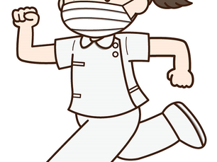 「マスクを着けた看護師が走るイラスト。股関節痛の治療と回復をイメージ。」