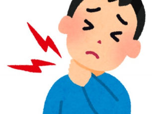 「右の首と肩の痛みで振り向けない男性のイラスト」