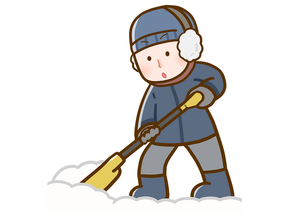 防寒着を着てスコップで雪かきをする男性の画像