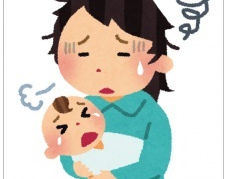 赤ちゃんを抱えて疲れた表情の女性のイラスト。育児疲れと首の痛みをイメージした画像