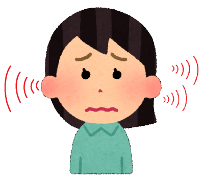 耳鳴りに悩む女性。不安げな表情と耳から放たれる赤い線が症状のつらさを物語る。