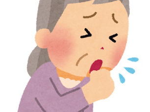 咳によって胸の痛みが悪化している高齢女性を描いたイラスト