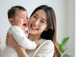 泣いている赤ちゃんを抱きながらあやす母親の写真。小児鍼の記事で子どもの不安や夜泣きの背景を説明するためのイメージ。