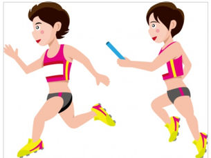 陸上部の女子選手がリレーでバトンを受け渡す様子