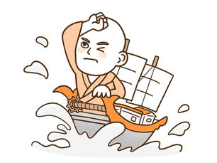 伝統衣装をまとった空海が小舟に乗り、お灸の知識を携えて日本へ渡来する様子を描いたイラスト