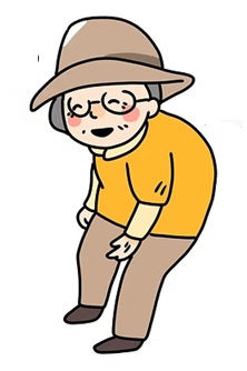 腰が大きく曲がった高齢女性が前かがみの姿勢で立っているイラスト。歩行時の下肢痛を訴える患者像を表現している。