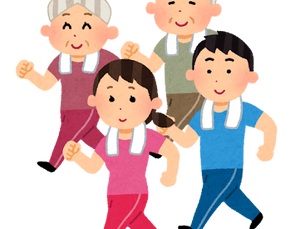 若い世代と高齢者が一緒に歩いているイラスト。健康維持のための軽い運動を表現している。