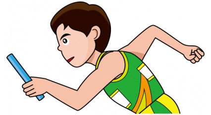 緑と黄色のユニフォームを着た高校男子短距離選手がバトンを持って疾走しているイラスト。右手に青いバトンを持ち、力強く前方へ走っている姿。