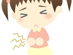 お腹を押さえて痛がる小学生の女の子のイラスト（ストレスによる腹痛のイメージ）