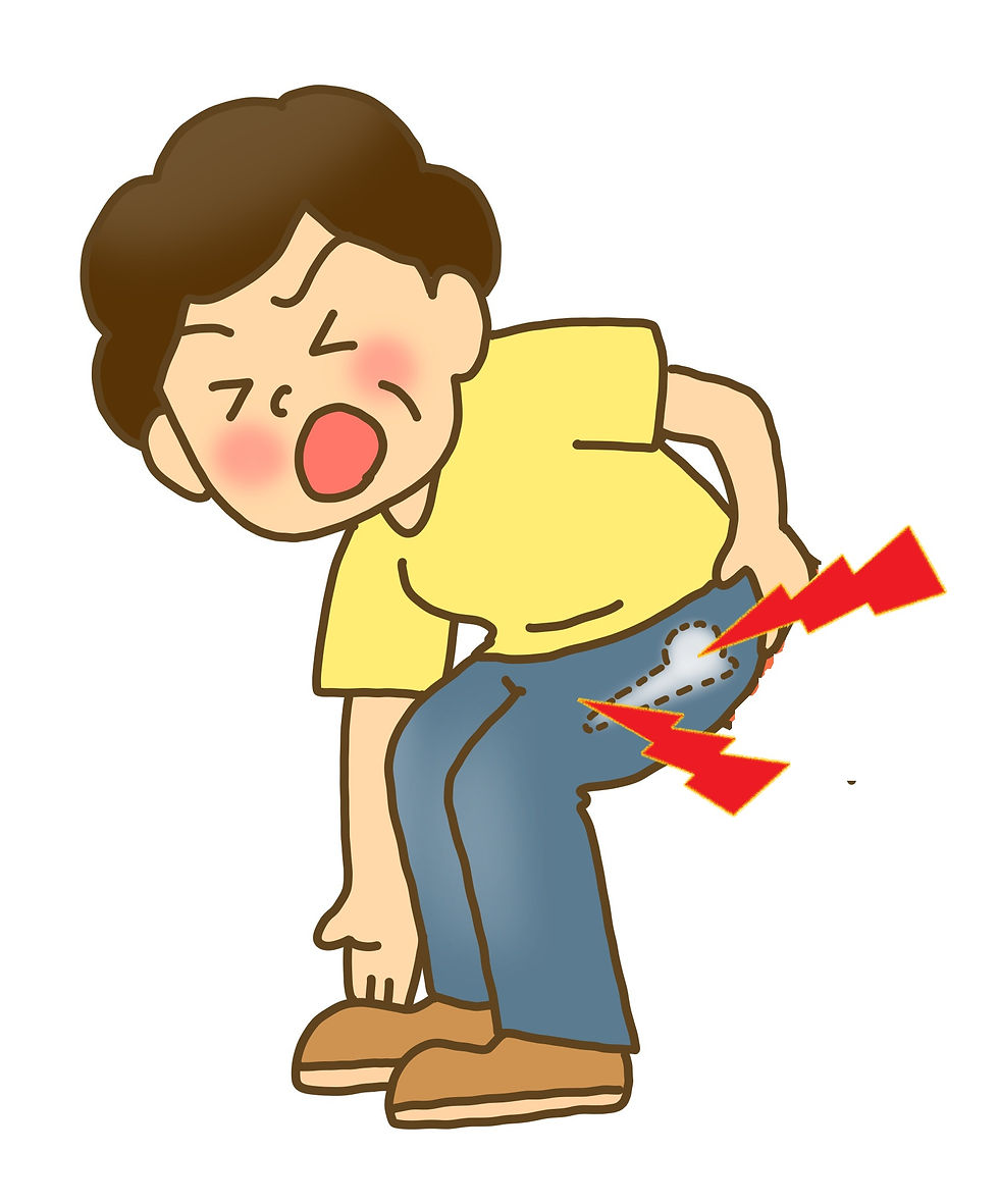 股関節の付け根から太ももにかけて痛みを感じる女性のイラスト。前屈み姿勢で痛みが強くなる様子を表現。