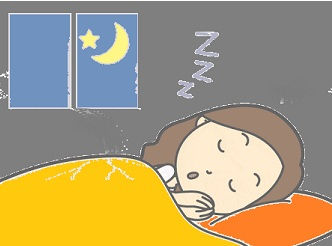 黄色い布団で眠る女性が穏やかな表情で目を閉じている。頭上に「Zzz」の文字が浮かび、窓には夜空と三日月が描かれている。