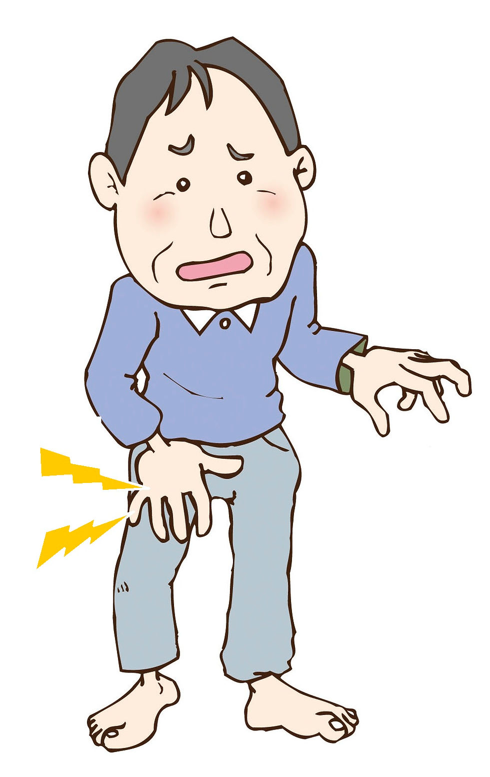 左太ももの前面に痛みとしびれを感じる60代男性を描いたイラスト。大腿神経痛の症状を表現。