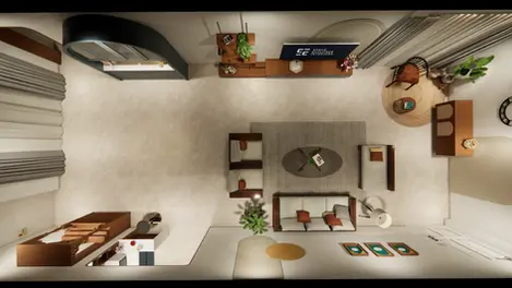 Top view of living room with teak wood sofa set, oval center table, TV unit, mandir, and curved bar cabinet.